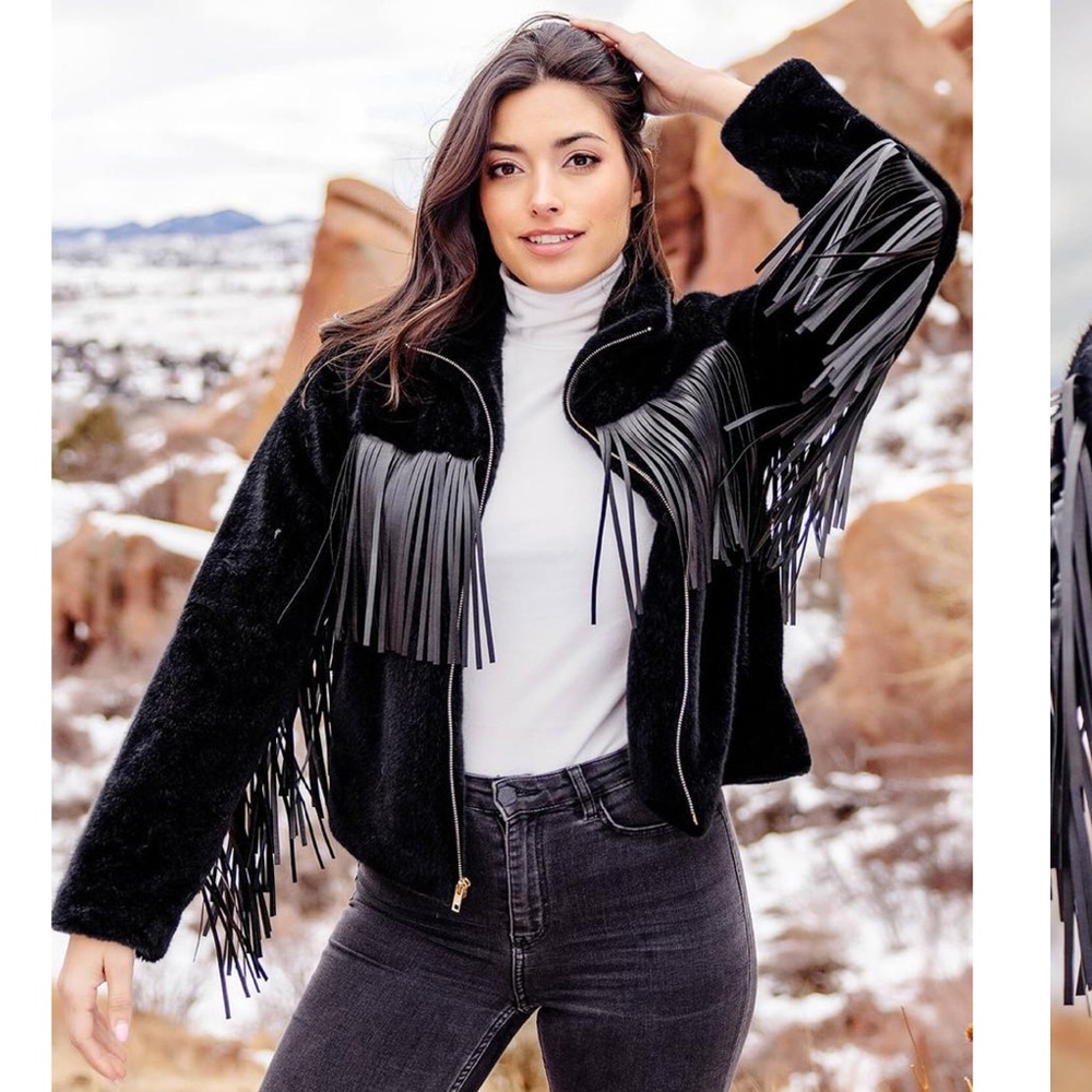 Donna Salyers Fabulous Furs ‘Farrah’ Black Faux Fur with Fringe